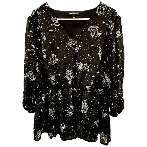 Lane Bryant Zodiac Print VNeck Blouse 18 Peplum Plus Size 18 Psychic Lightweight - Picture 1 of 8